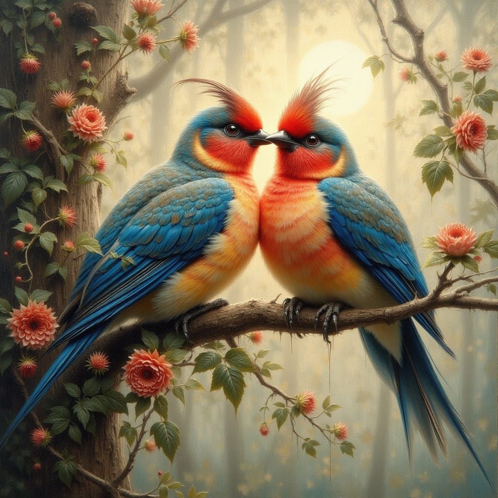beautiful two love birds with feathered wings sitting on a tree b...