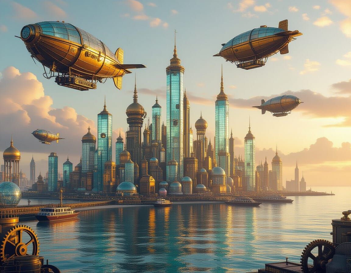 Steampunk Cityscape of Recycled Sea Glass and Brass