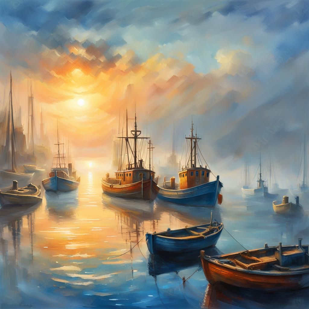 Misty Ocean Bay: Fishing Boats in Sunlight