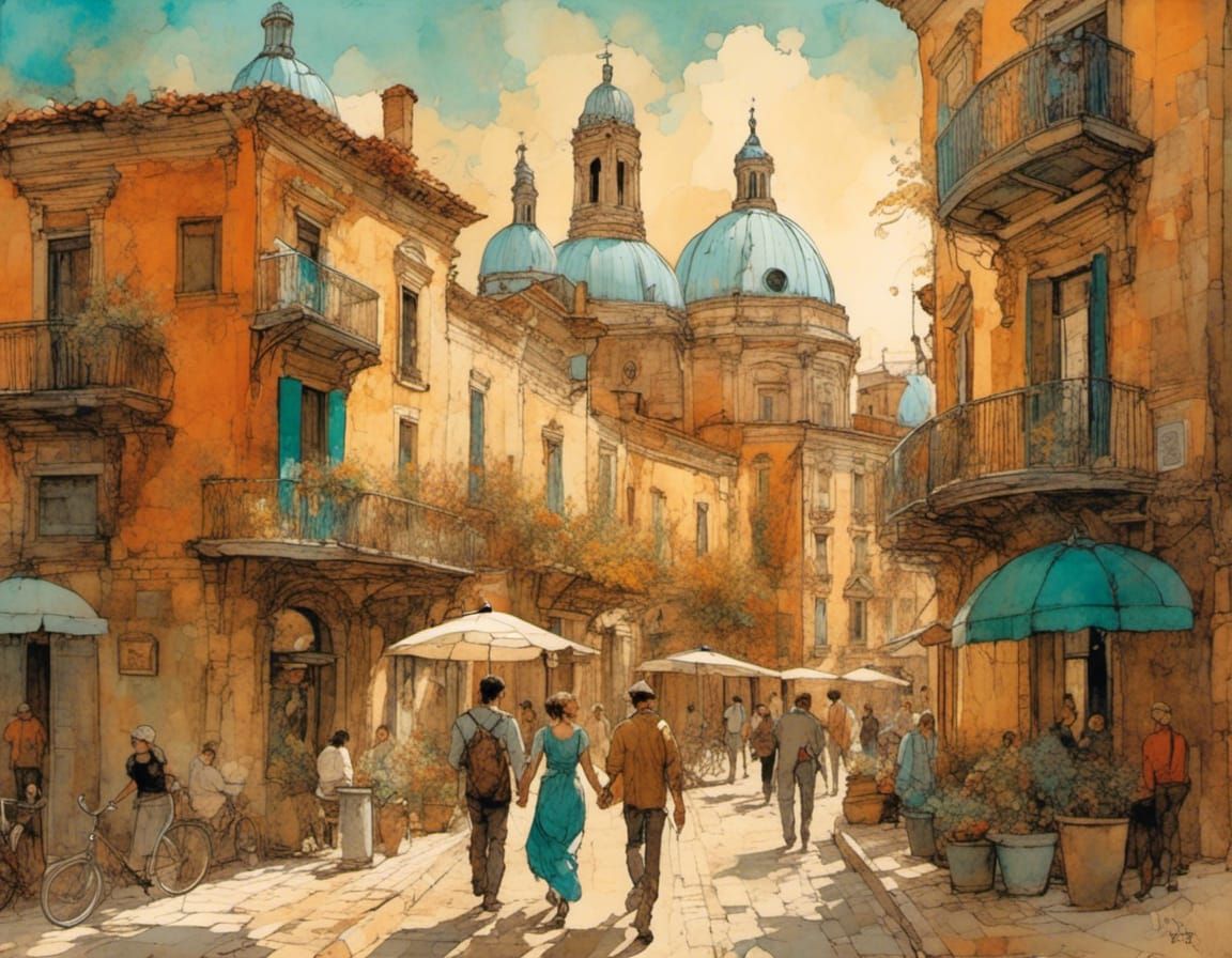 Renaissance Brooklyn Street Scene as Fresco Painting