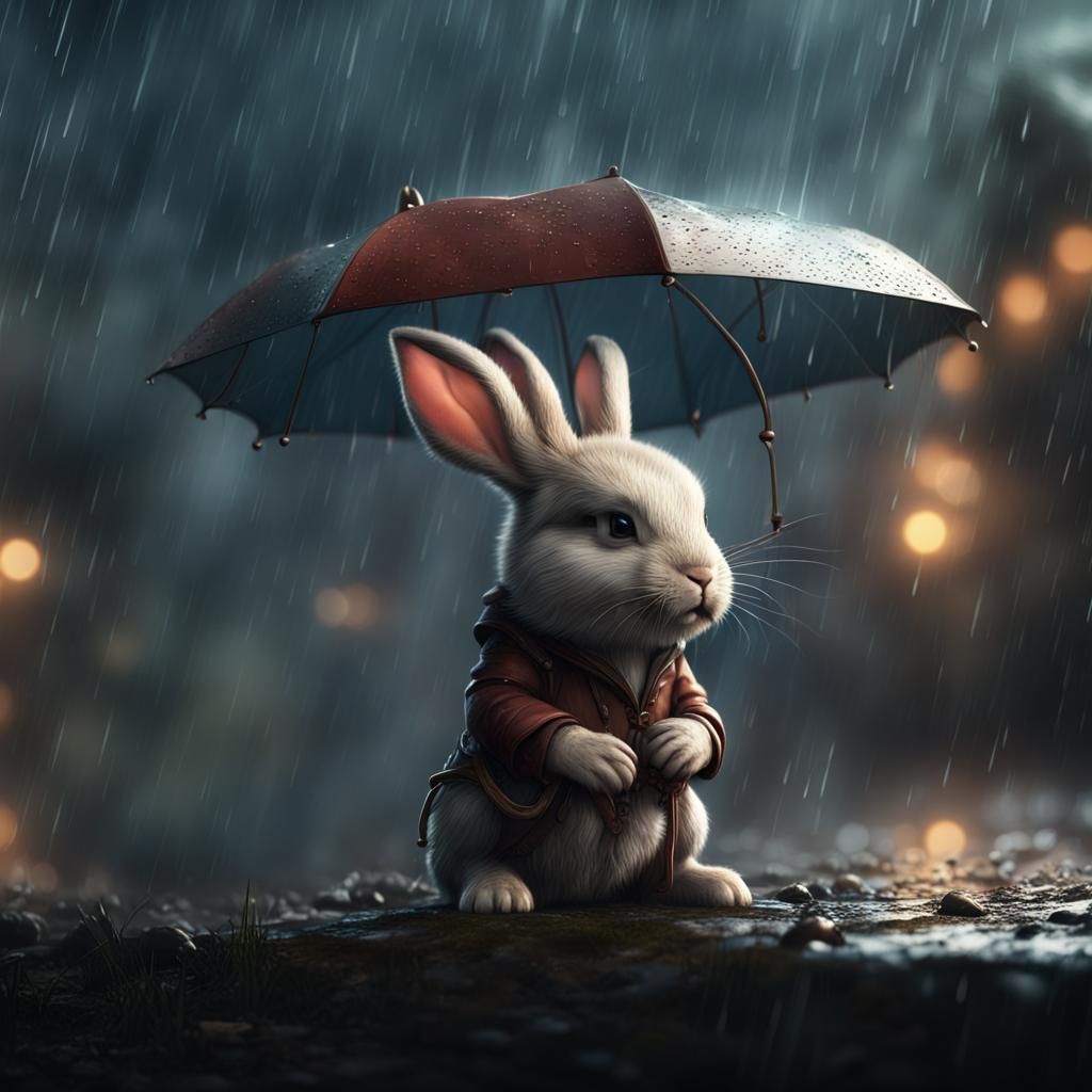 Baby Rabbit in a Sad Rain, Detailed Matte Painting