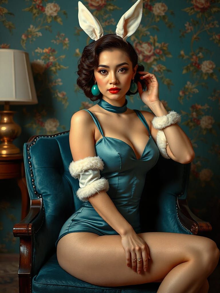 Asian Woman in Pin-Up Style with Teal Bodysuit