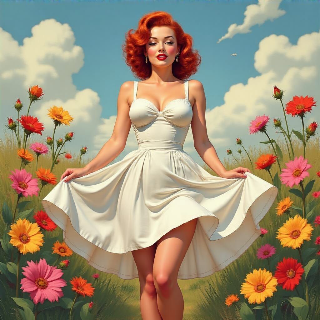 Retro Pin-Up Girl in White Dress with Flowers
