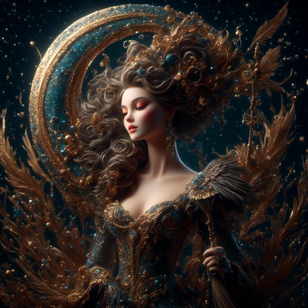 Fantasy Woman Dusting Moon with Feather Duster