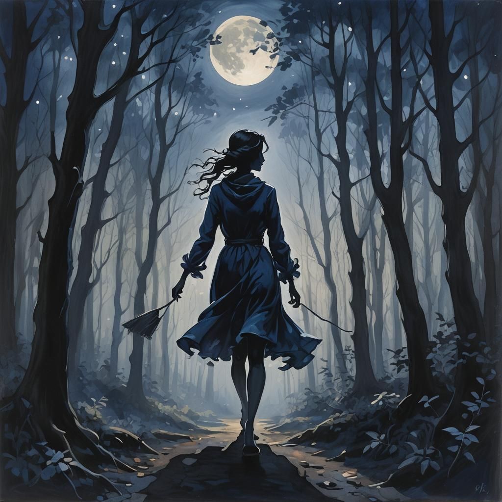 Ethereal Silhouette in Moonlit Forest: Astral Illustration