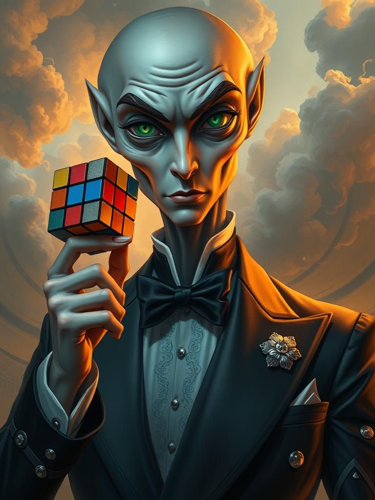 Elegant Alien Balances Cube in Surreal Dreamscape