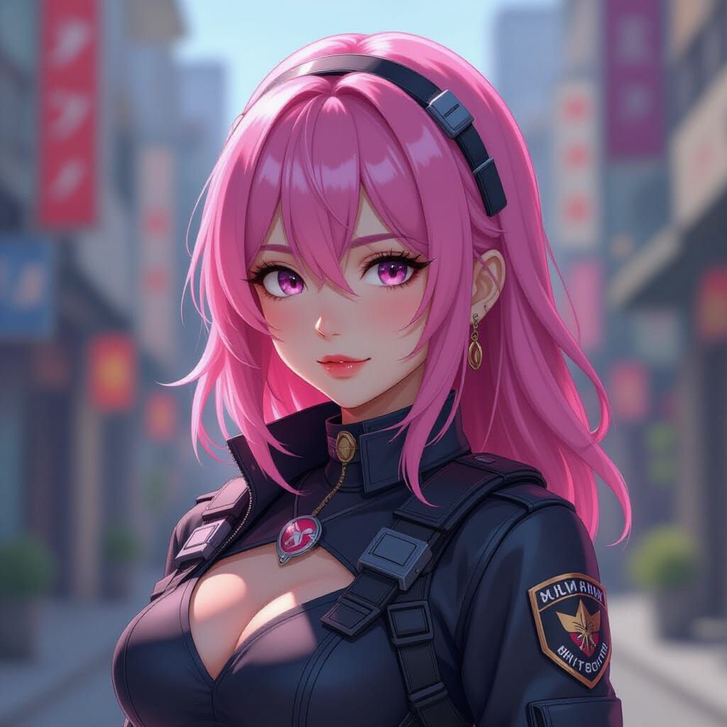 Futuristic Anime Police Officer with Pink Hair