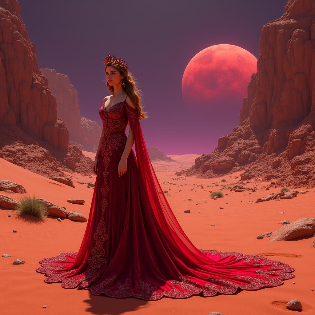 Crimson Majesty: The Desert Empress Under a Blood Moon