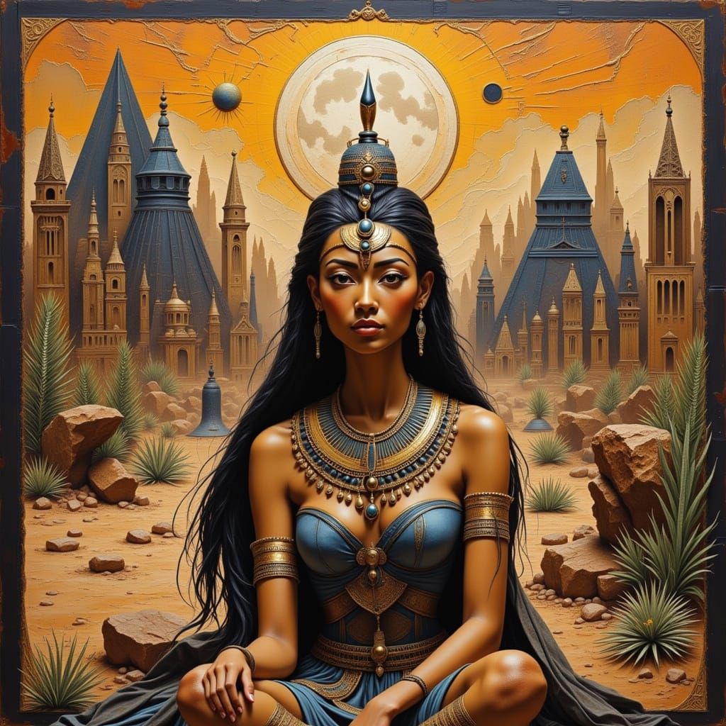 Ancient Egyptian Figures Walk in Desert Landscape