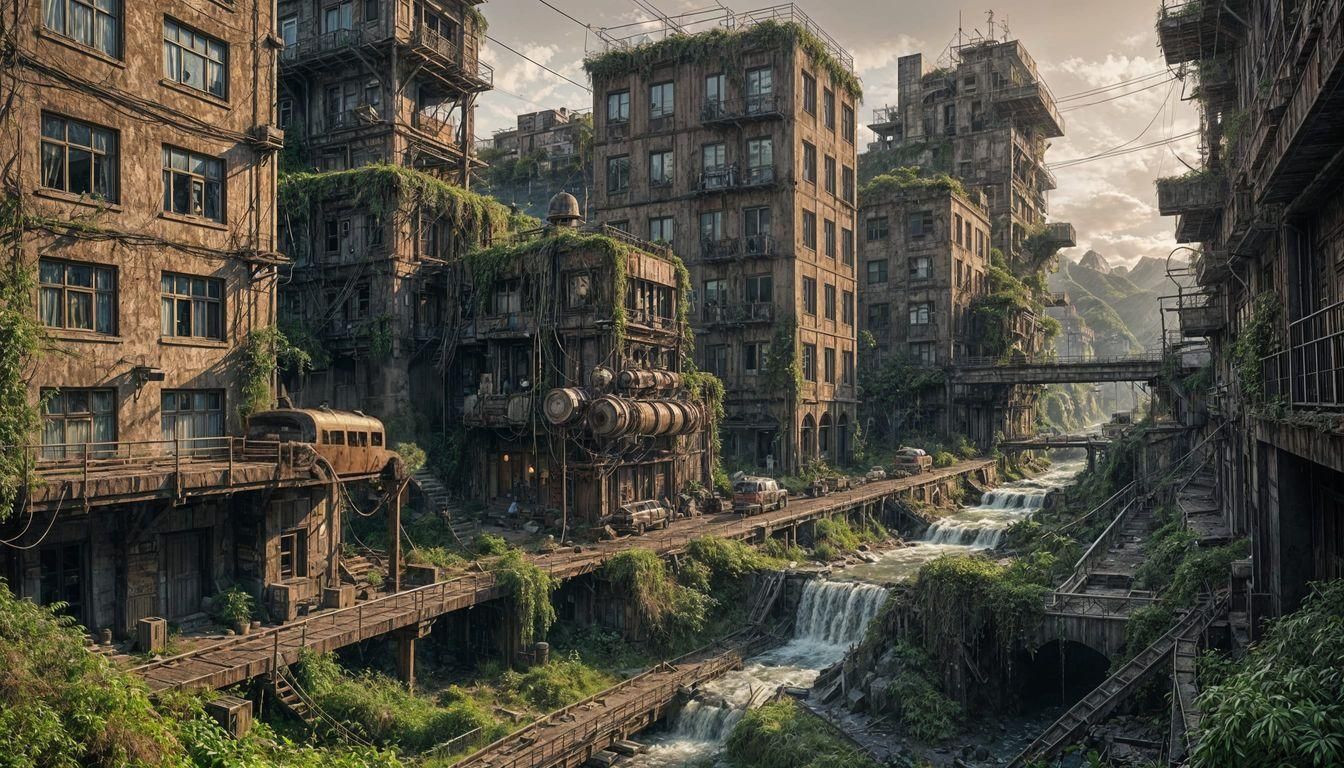 Abandoned Dieselpunk City at Sunset with Waterfall