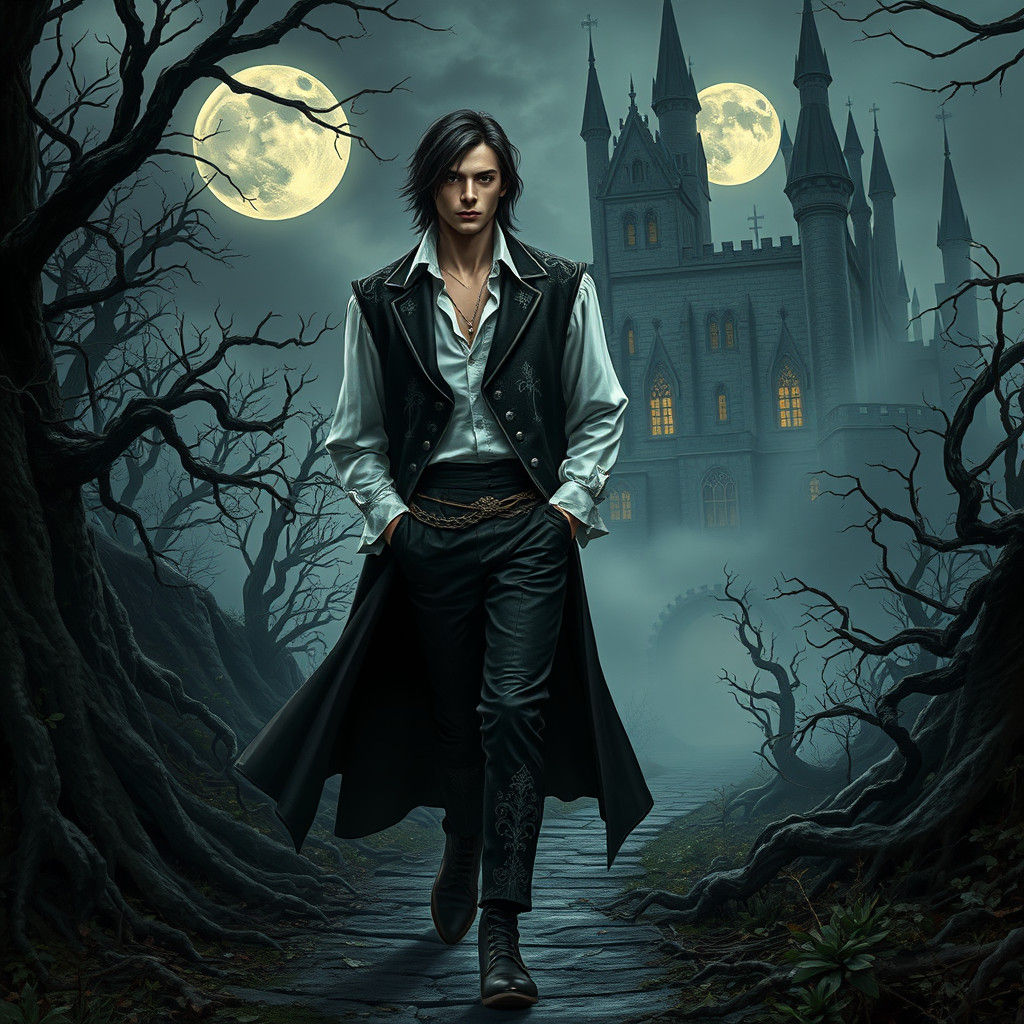 Elegant Vampire Strides Toward Castle in the Mist