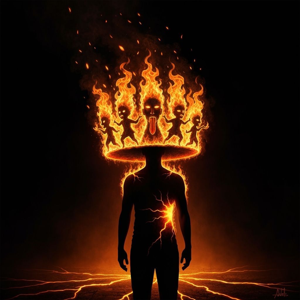 Flaming Crown Hat of Dancing Figures in a Dark Void