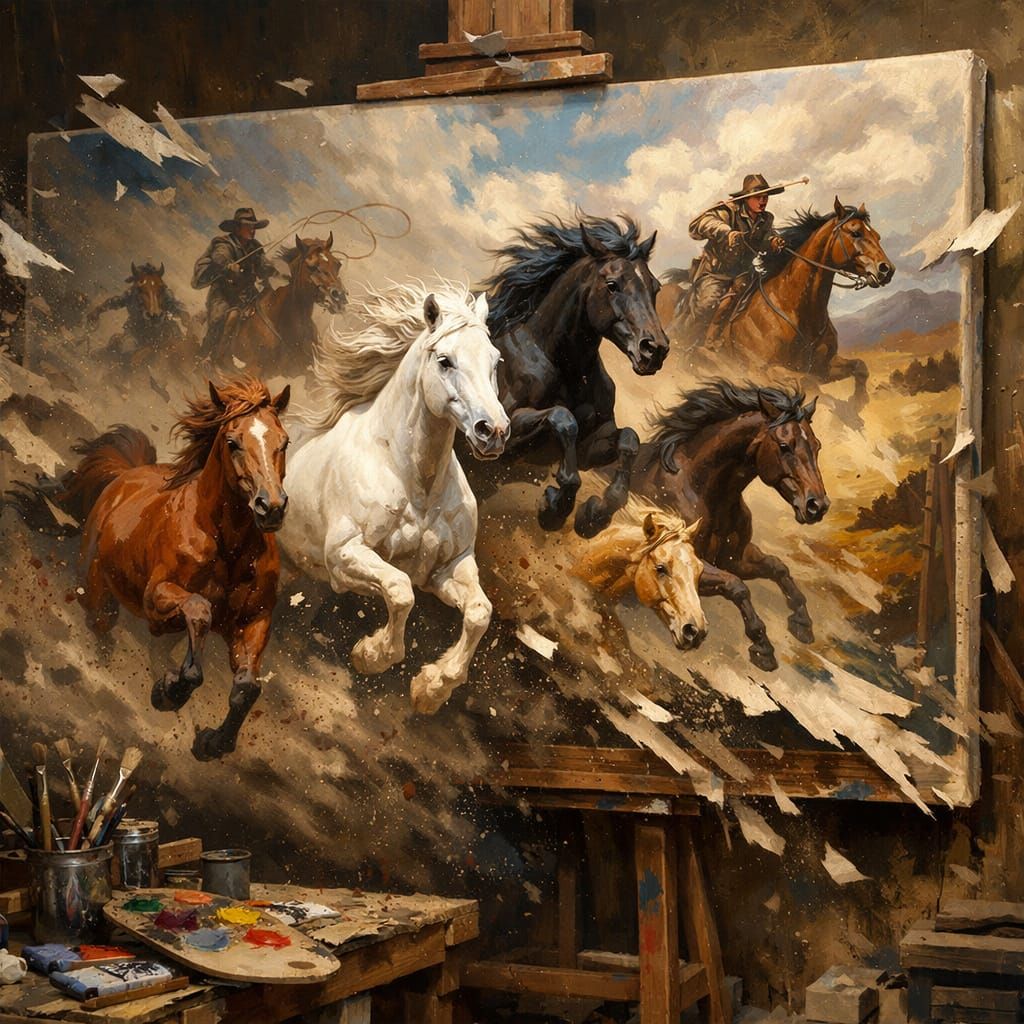 Wild Horses Escape Cowboys Bursting From Canvas