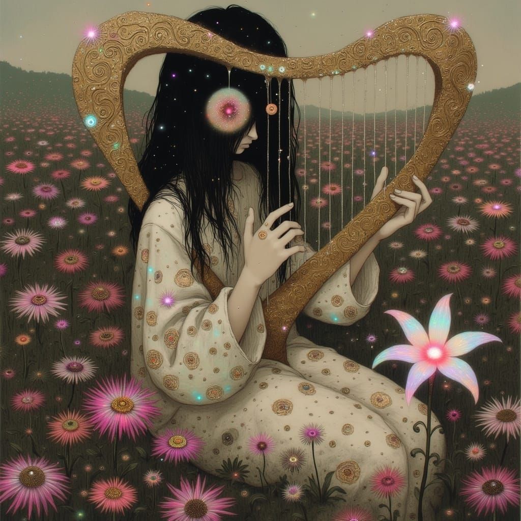 Mystical Feline Harpist in Whimsical Anime-Inspired Scene