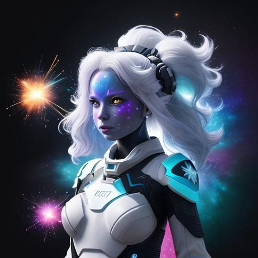 Galactic Warrior White Cat in Cosmic Splash Art