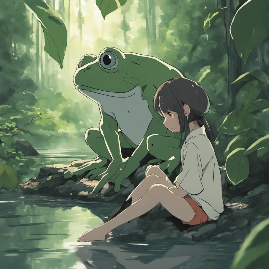 Sad Frog Girl in Studio Ghibli Anime Style