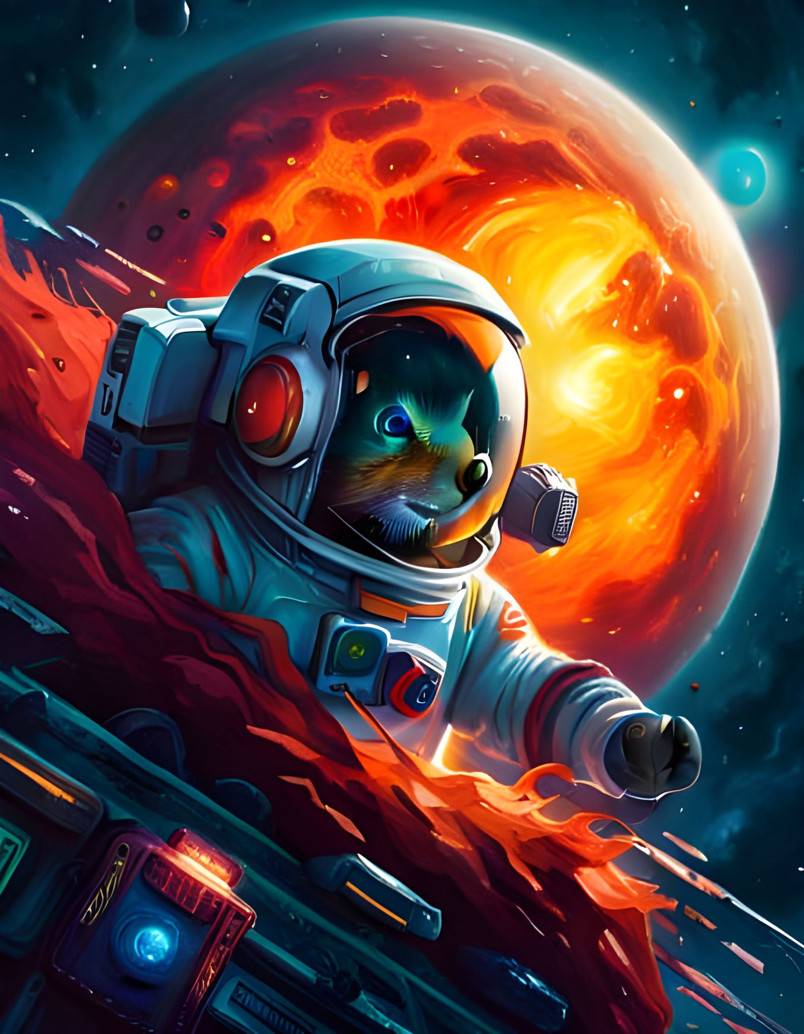 Atompunk Squirrel Astronaut in Retro Space Station