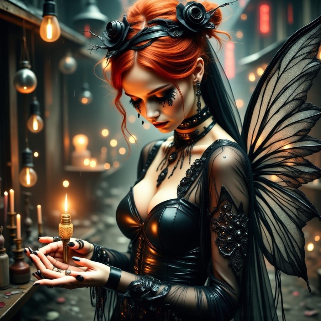 Cyberpunk Fairy Witch Portrait in Rainy Cityscape