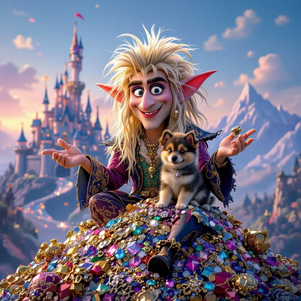 A whimsical Jareth the Goblin King, rendered in a charming T...