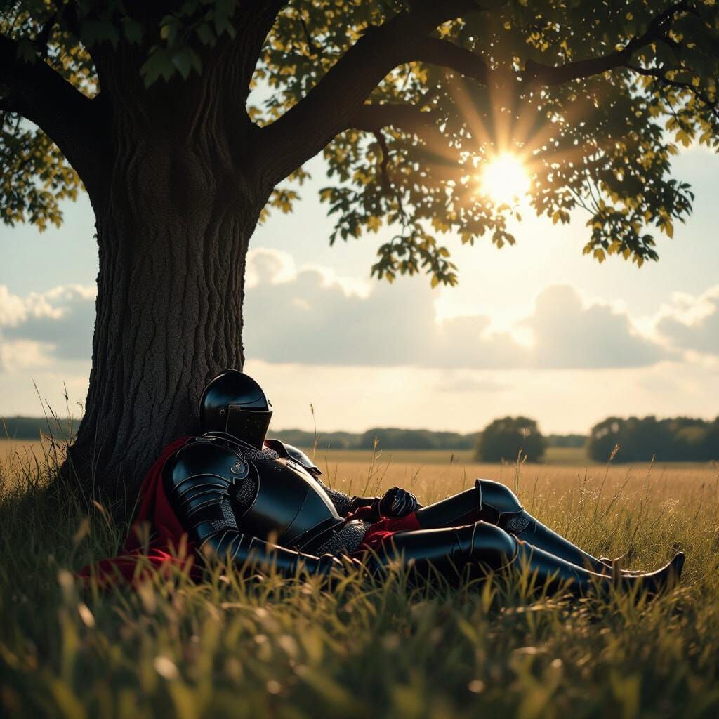 Knight in Armor Under Tree with Cinematic Sunlight
