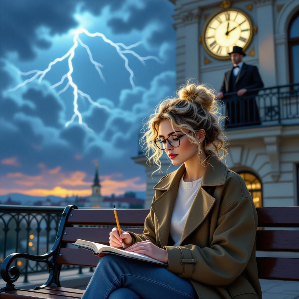 Woman Writing, Art Deco Style, Stormy Sky