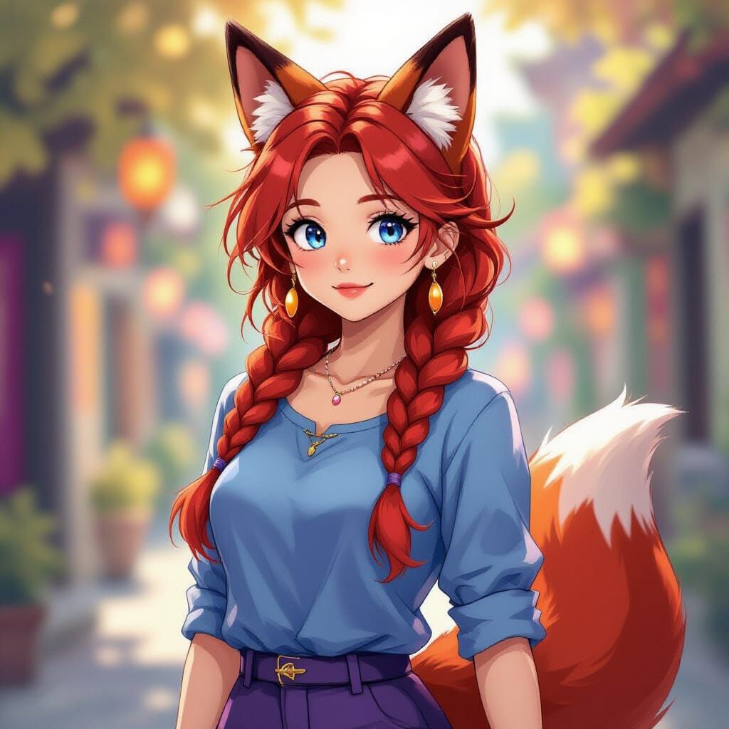 Anime Girl with Fox Ears, Red Braided Hair, and Colorful Out...