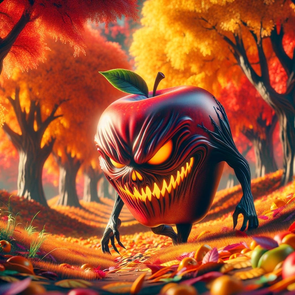 Evil Anthropomorphic Apple in Eerie Autumn Forest
