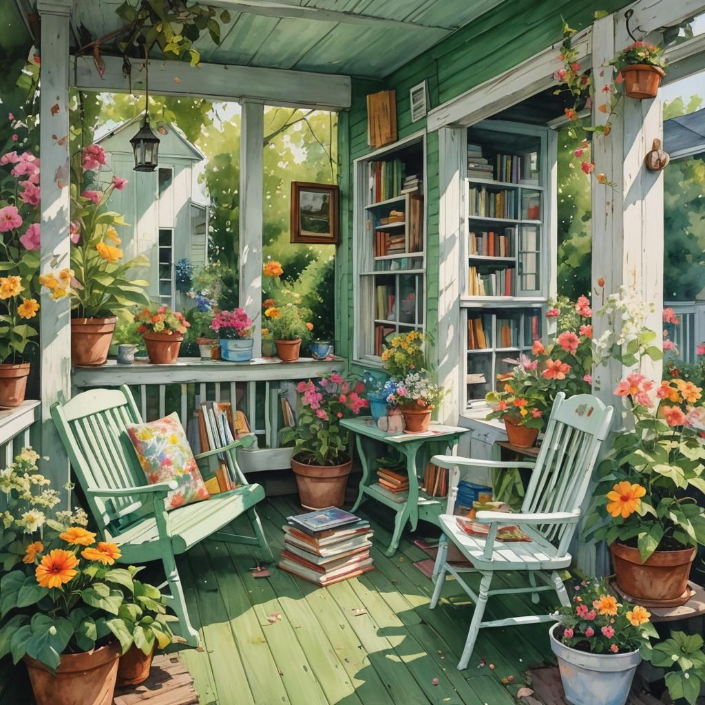 Charming Cottage Porch with Flowers and Swing