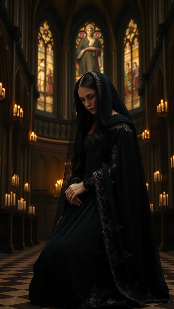 Queen Catherine of England in Somber Prayer, 16th-Century Sp...