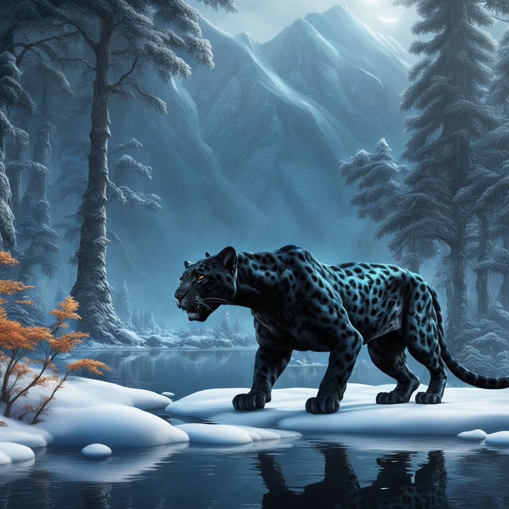 Black Jaguar Hunting in Frozen Lake Forest