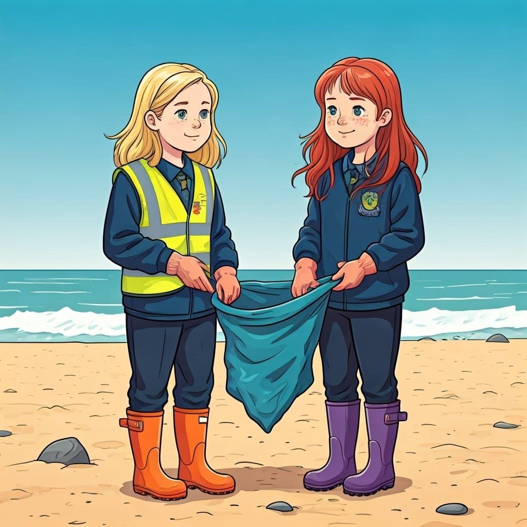 Girls Clean the Beach on School Trip