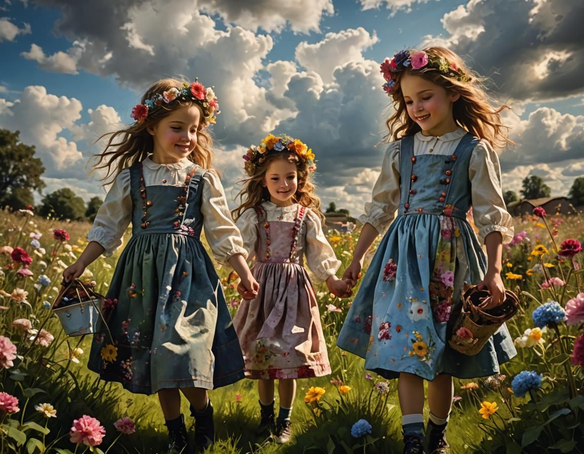 Twin Sisters Play with Dolls Among Flowers