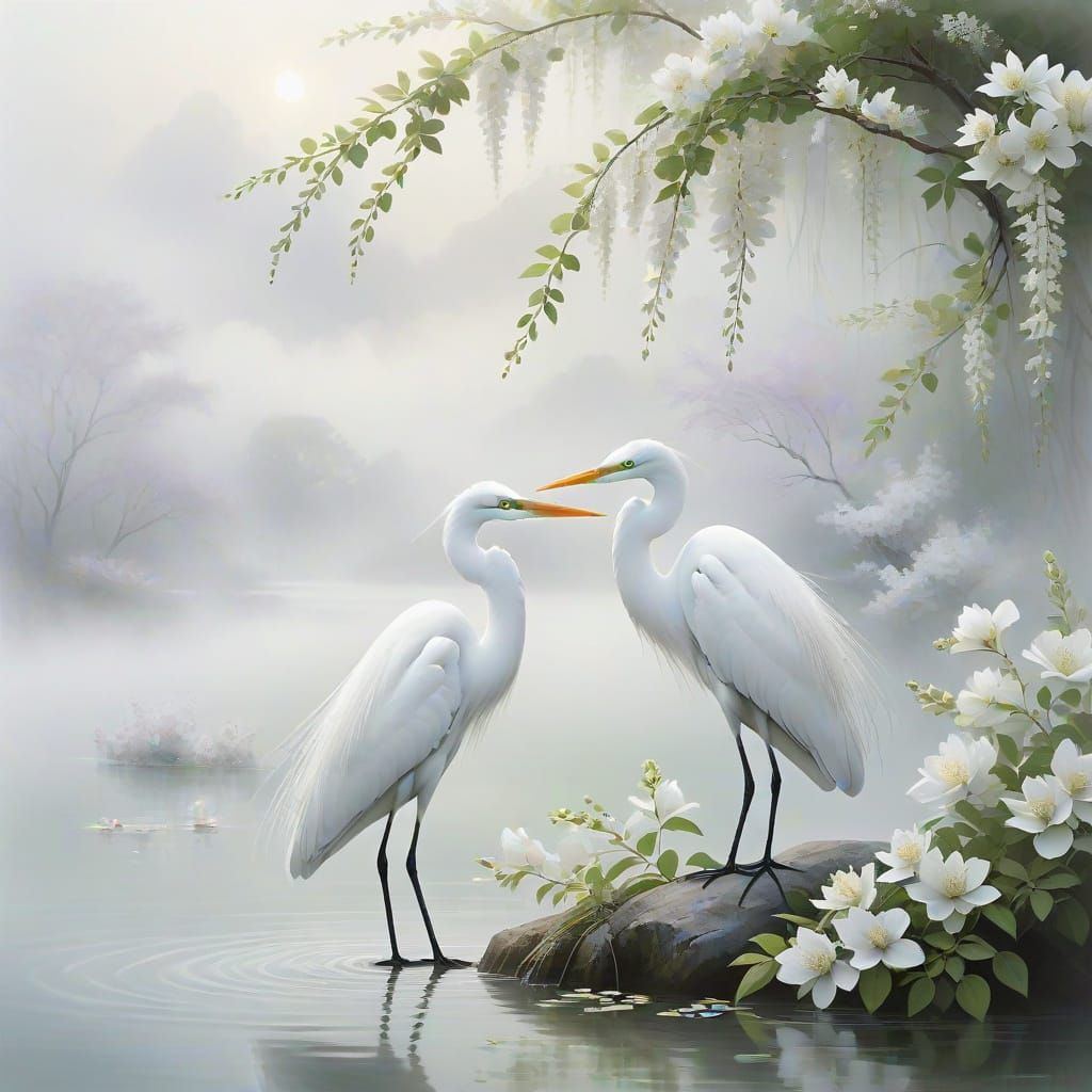 Egrets in Dreamy Fog with Wisteria: Impasto Anime Art