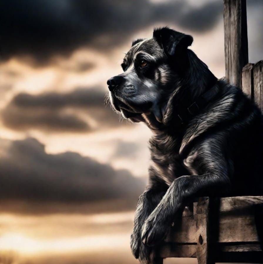 an dog is sitting on a wooden chair