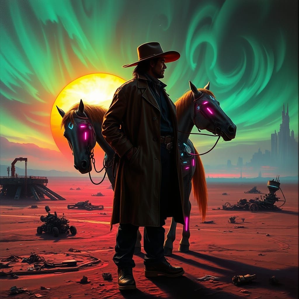Cyberpunk Cowboy Rides Glowing Horse into Futuristic Sunset