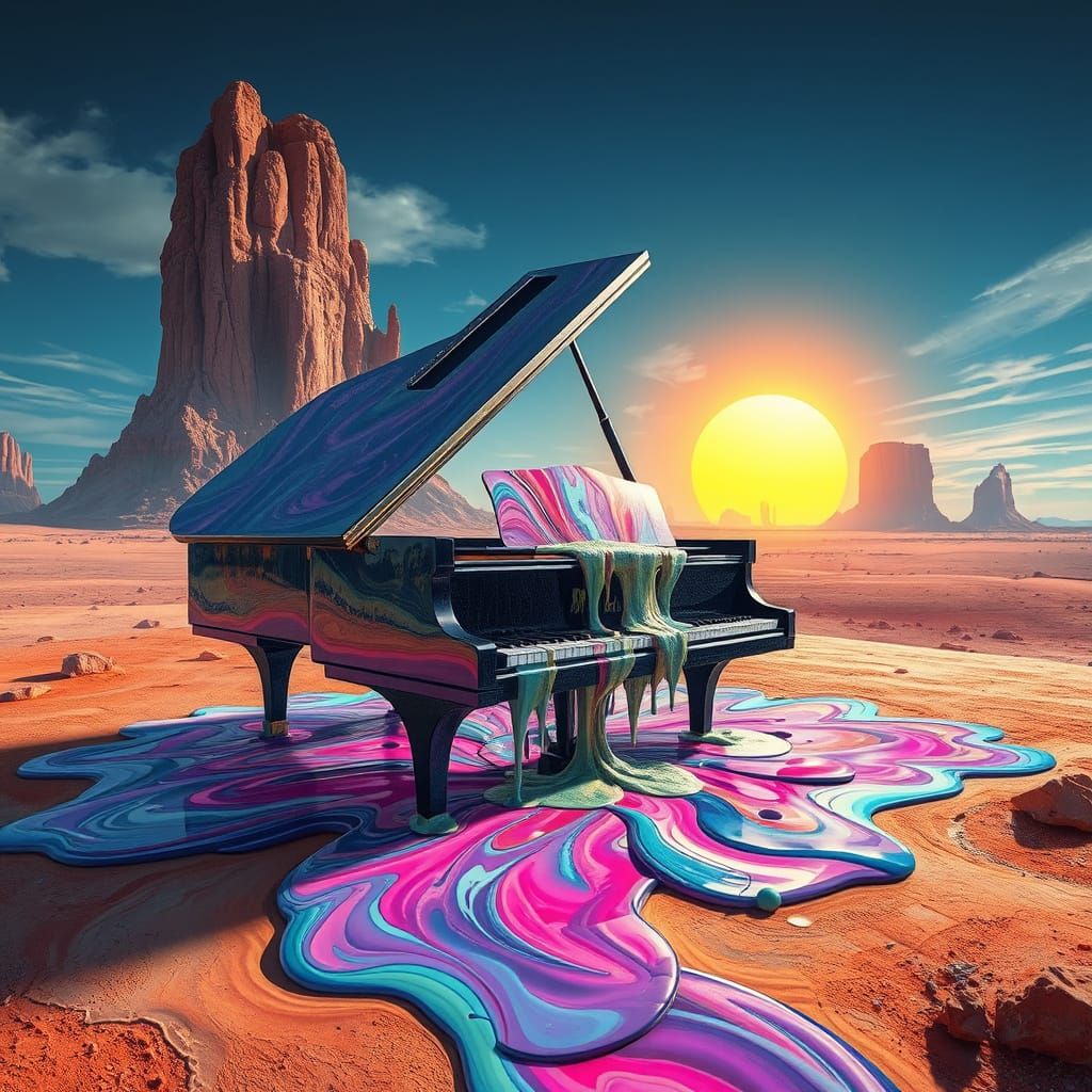 Imagine a surreal landscape where a grand piano is slowly melting into a vibrant, swirling pool of colors. The melting k...