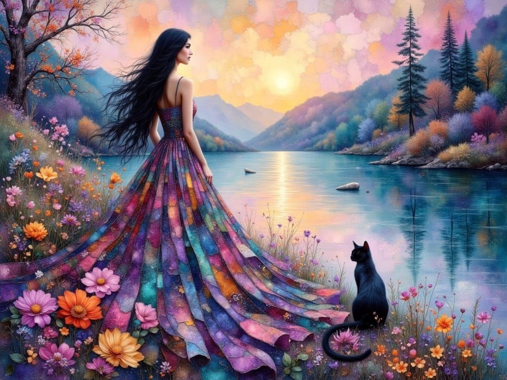 Ethereal Woman and Cat in Colorful Landscape, Ink Oil Style