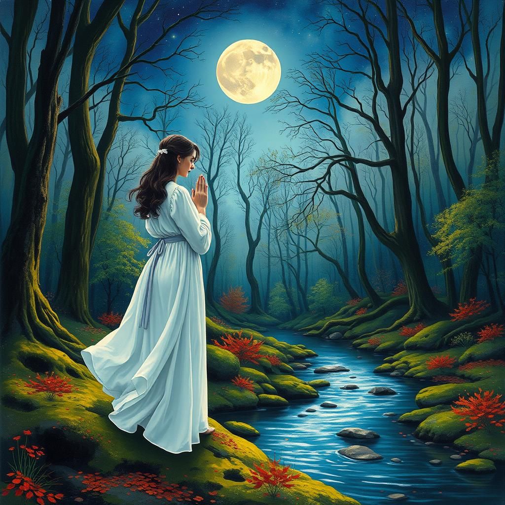 Painting of a woman praying by a stream water in an enchante...