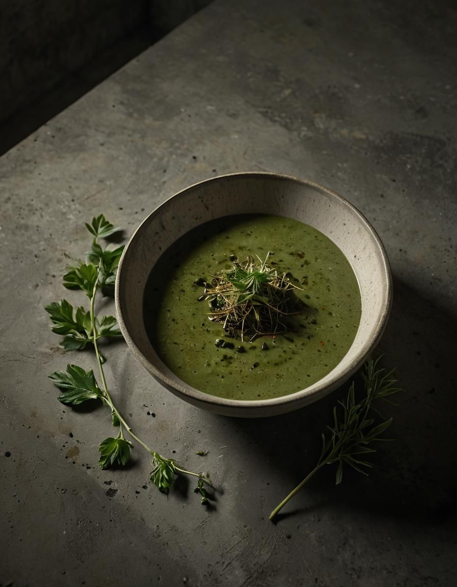 Surrealistic Swamp Weed Pudding in a Brutalist Room
