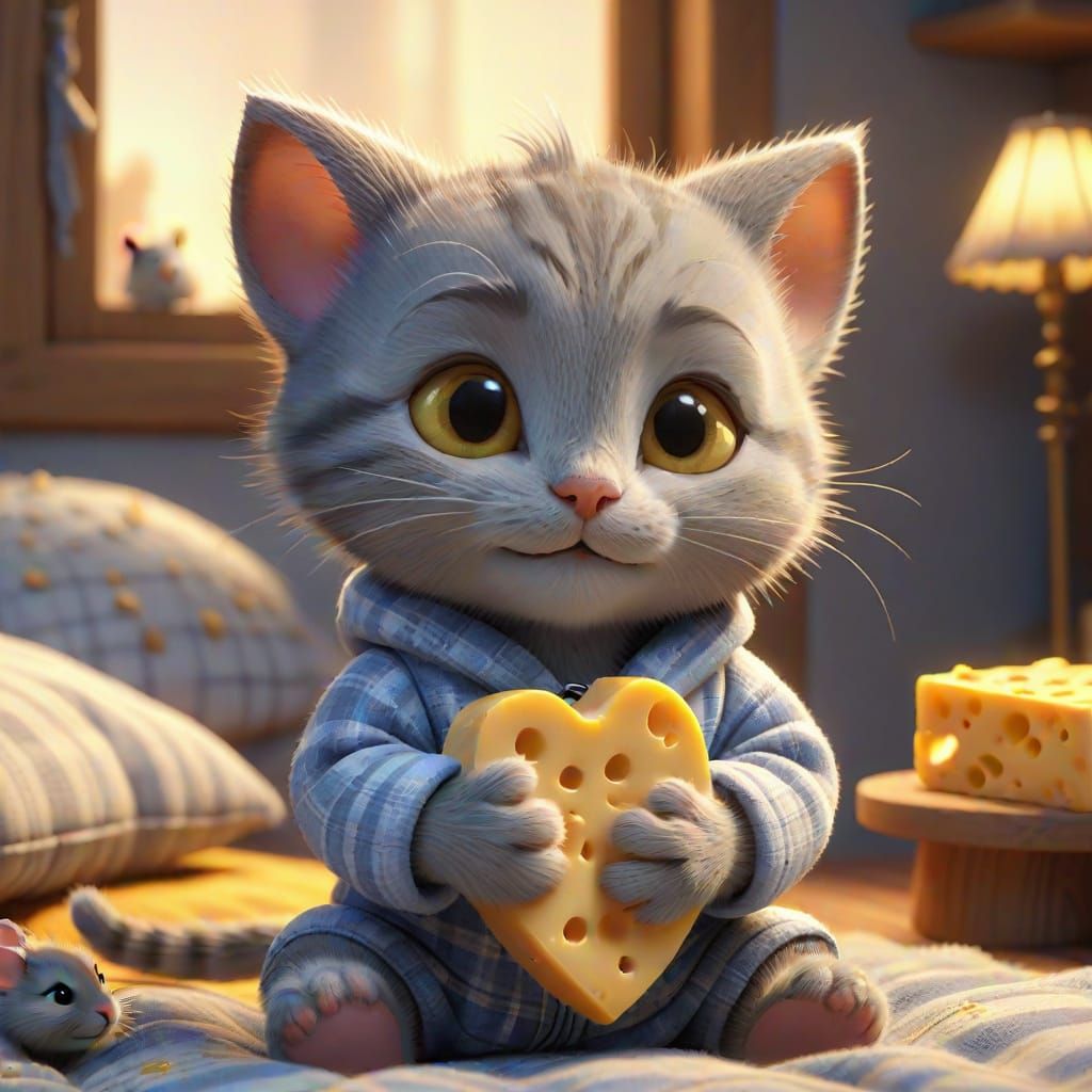 A cute happy grey fluffy bimbo kitten in pajamas and a super cute happy grey mouse.
 A cat hugs a cute little mouse with...