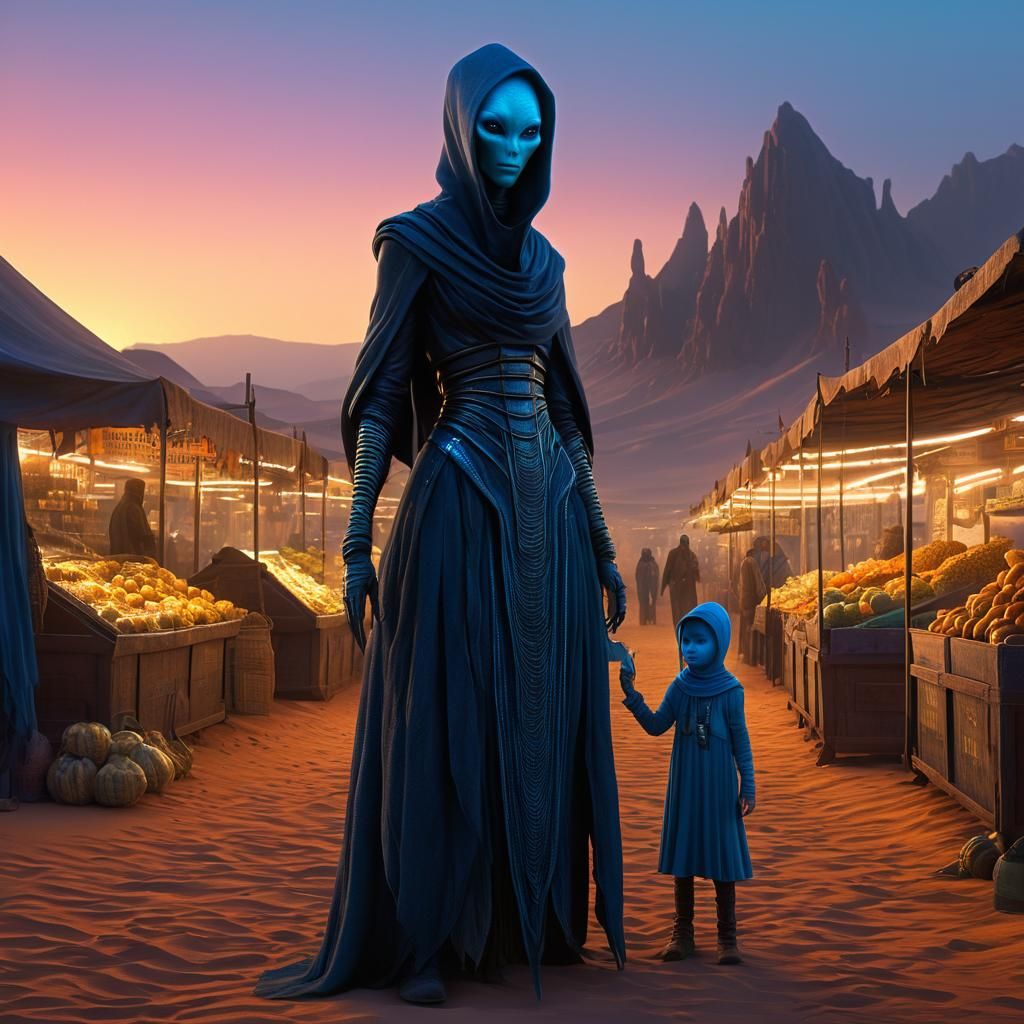 Alien Merchant and Child in Desert Market
