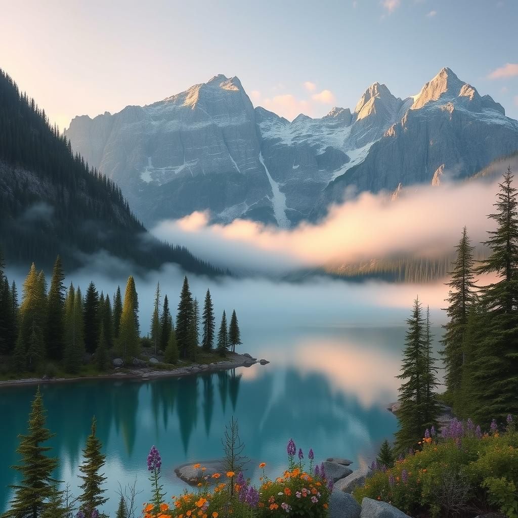 Majestic Mountain Lake at Dawn: Dreamy Landscape