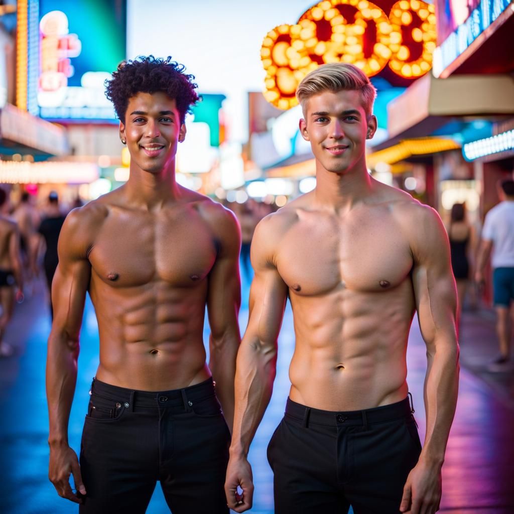 Shirtless Men Posing on Fremont Street, Las Vegas