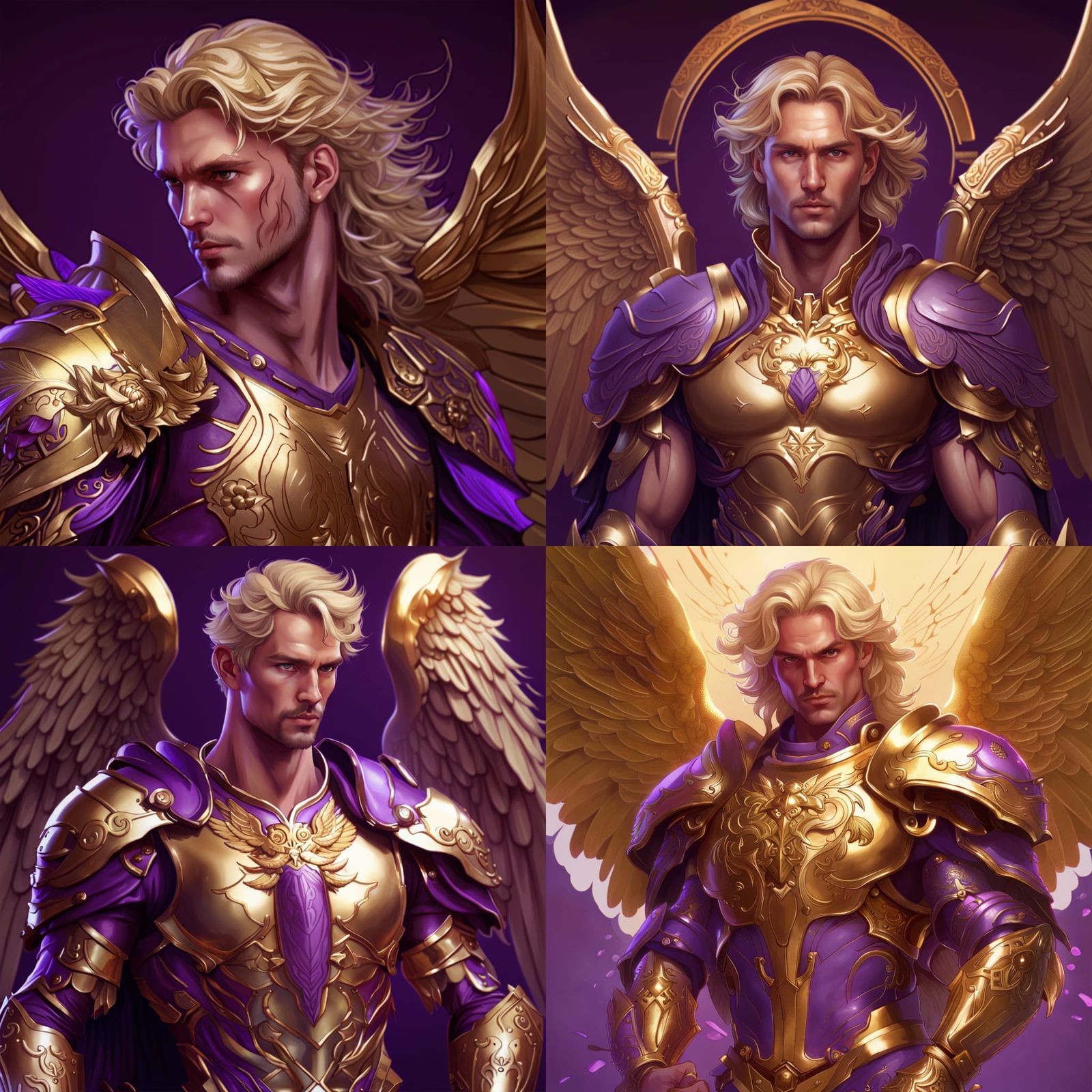 Golden Angel in Purple Armor, Hyperrealistic Illustration