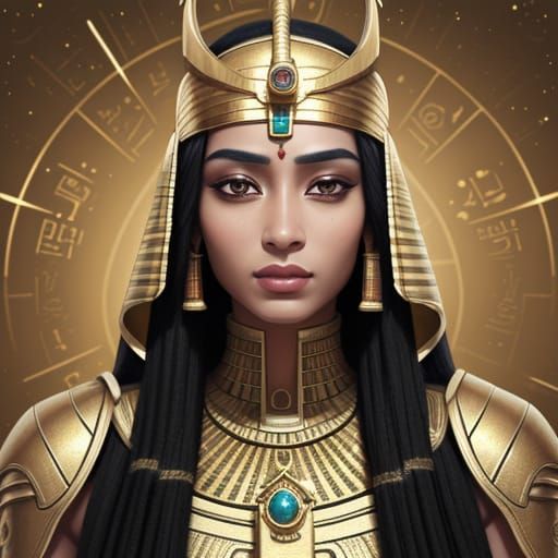Egyptian Goddess Isis in Golden Space Uniform with Ancient H...