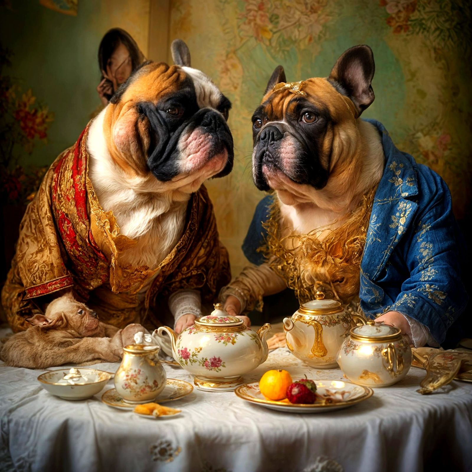 Cozy Bulldog Tea Party in Warm Evening Light
