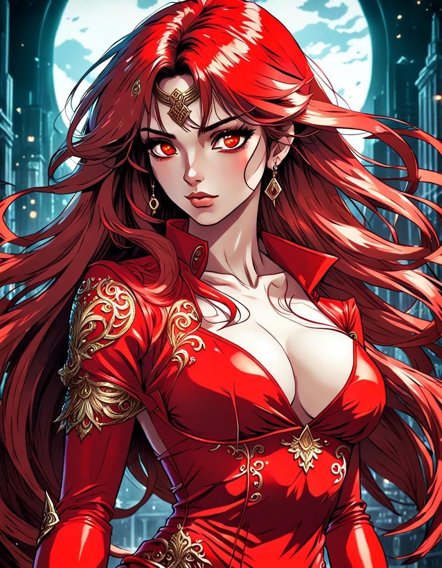 Dan Mumford, 1985’ anime video game, pretty lady in red, simple background, nice chest, perfect curvy body, detailed ani...