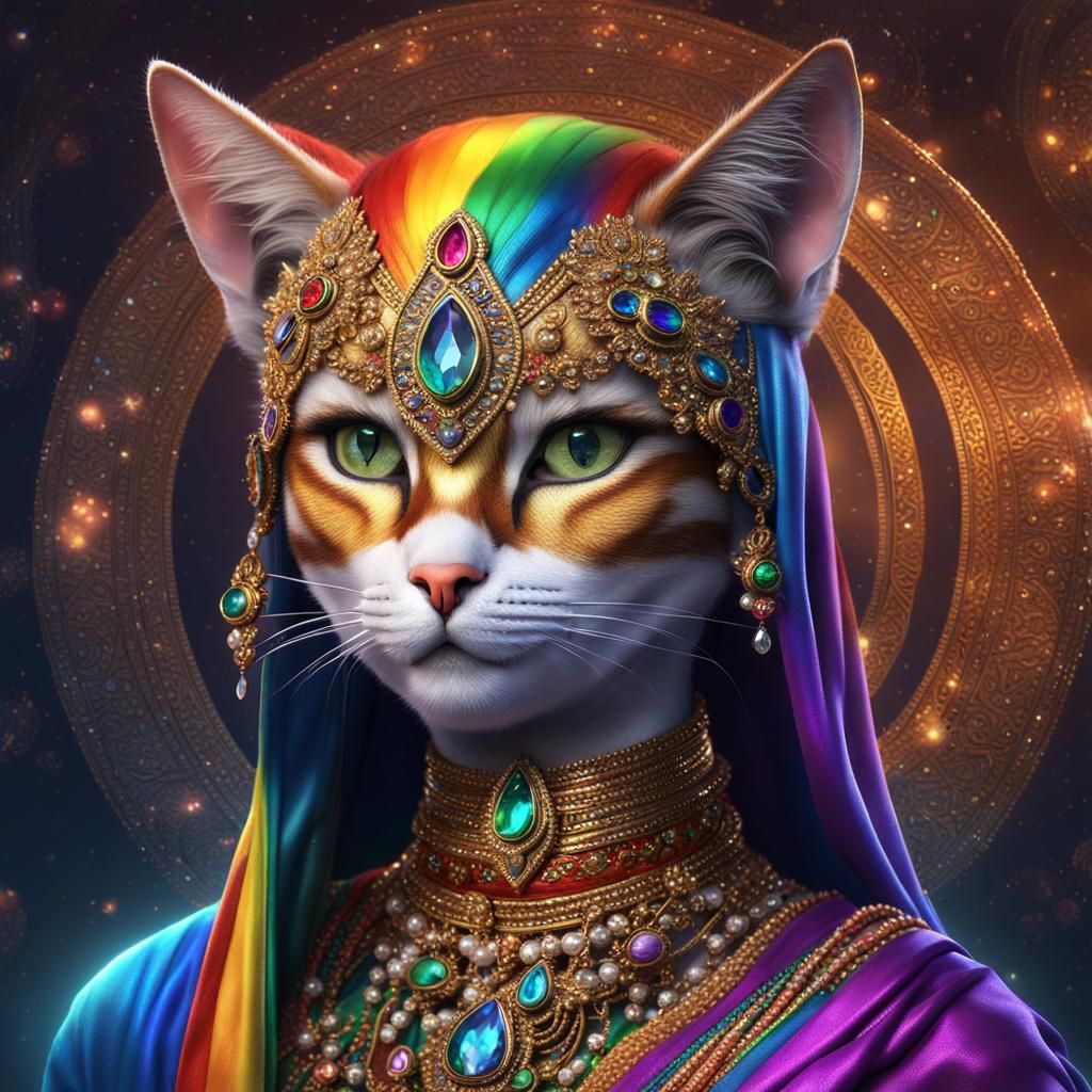 Rainbow Sari Cat Woman: Fantasy Art