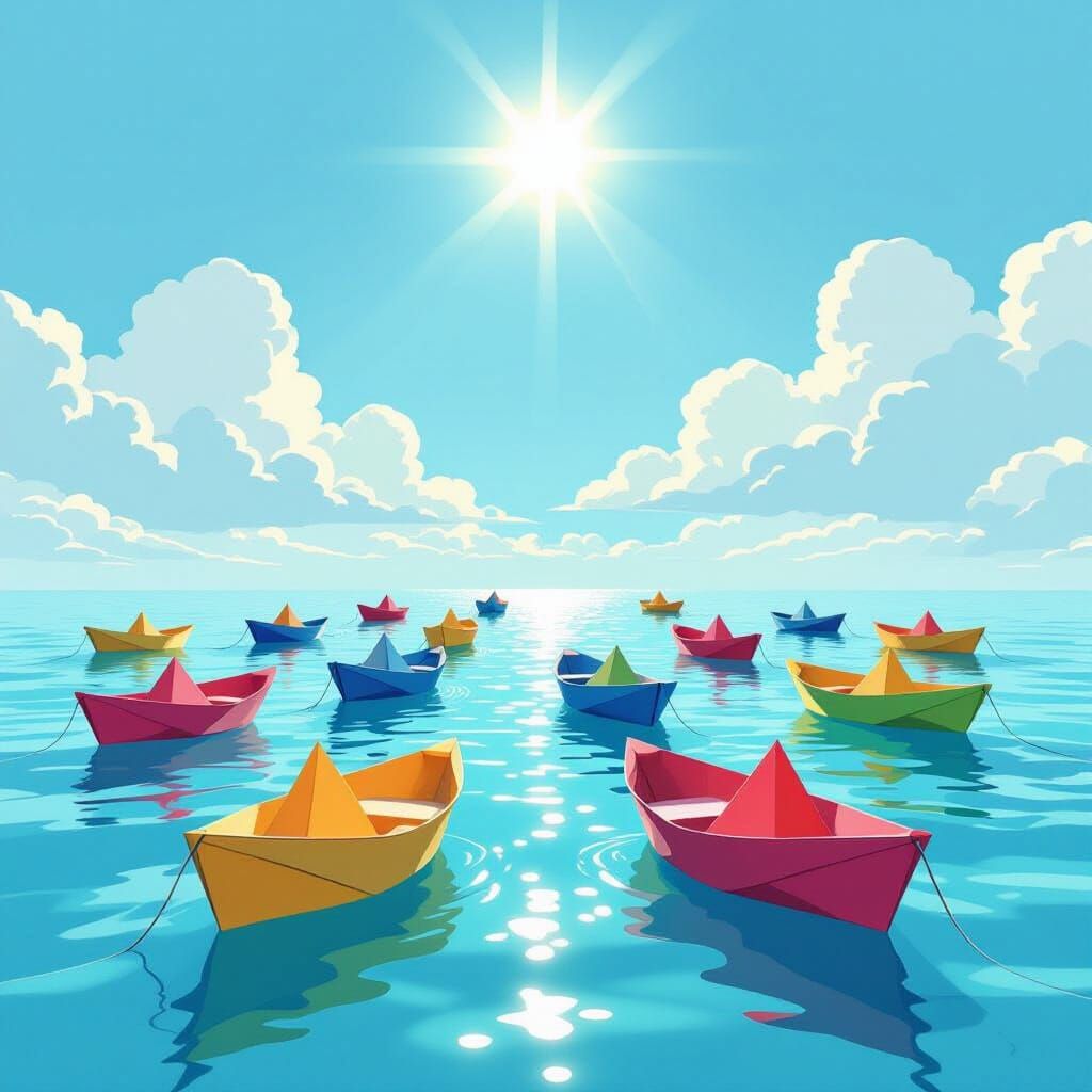 Colorful Paper Boats Sail Azure Sea in Whimsical Illustratio...