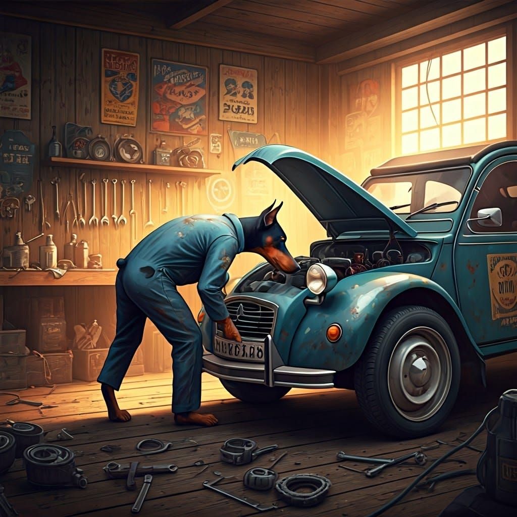 Doberman Garage Mechanic in Hyper-Realistic Style